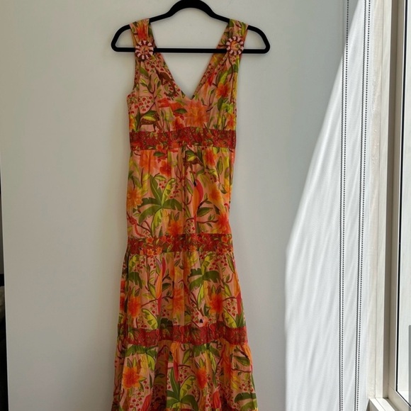 Anthropologie Farm Rio Tropical Tiered Maxi Dress Beaded V Neck Midi Size Small - Picture 4 of 5